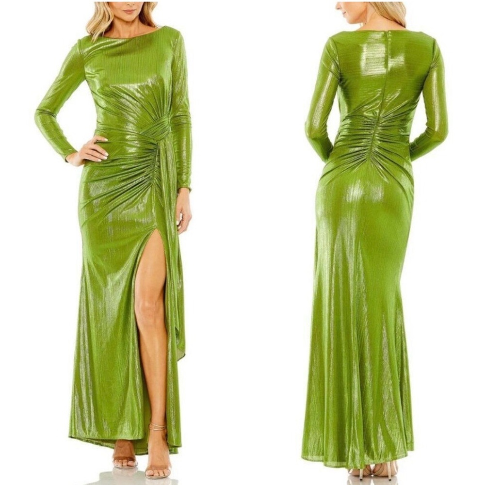 IEENA FOR MAC DUGGAL - Green Long Sleeve Gathered Waist Metallic Gown